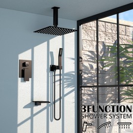 Ceiling Shower Faucet Set Matt Black Shower System for Bathroom,12 inch Rainfall High Pressure Shower Head Combo Set Complete with Handheld Spray,Valve and Tub Spout