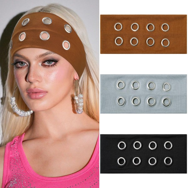 AWAYTR Women Hollow Out Eyelet Elastic Headband Y2K Wide Grommet