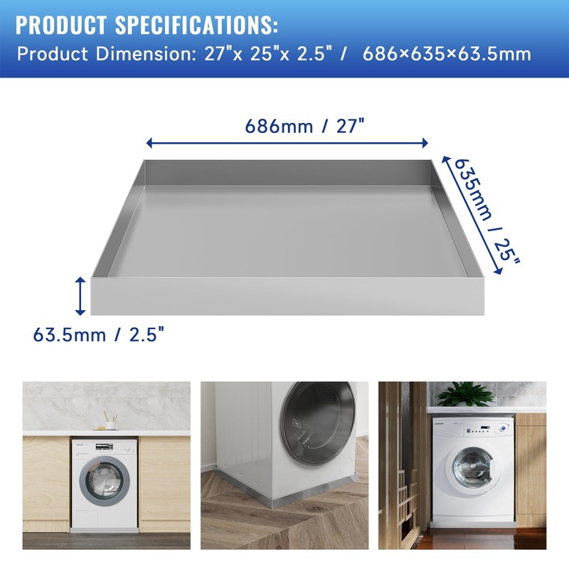 27" x 25" x 2.5" Washing Machine Pan, 304 Stainless