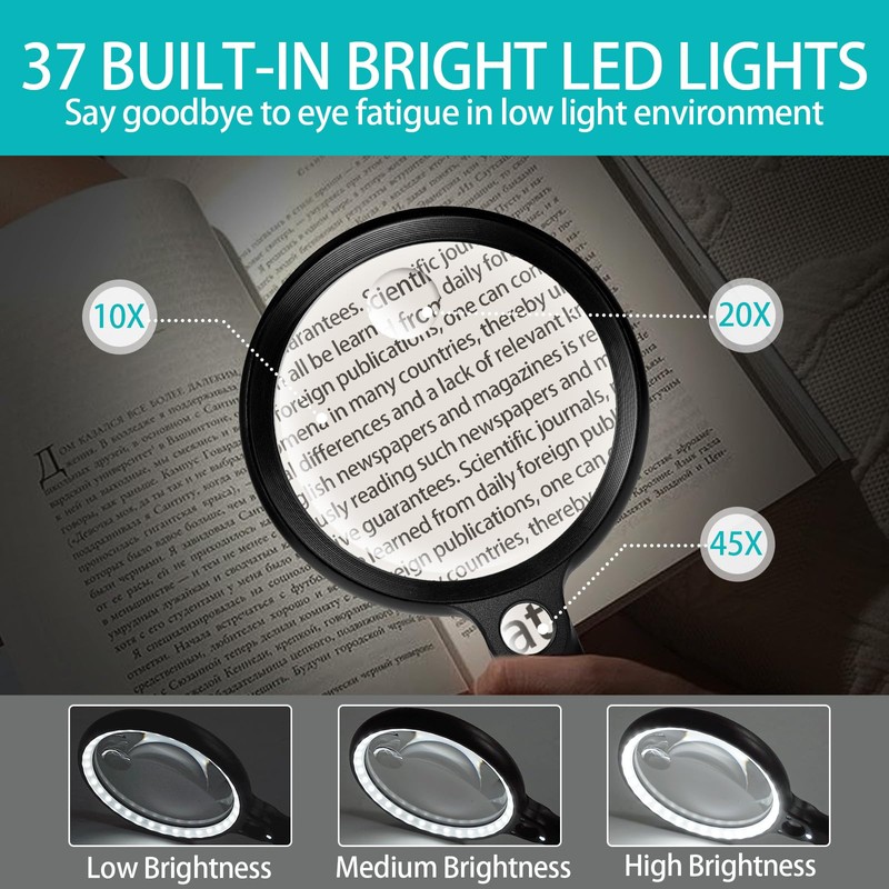 Large Magnifying Glass with 37 LED Light, 10X 20X 45X