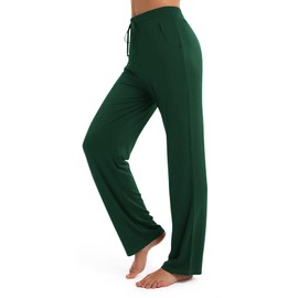 Urban CoCo Women's Straight Leg Long Pants Elastic High Waist Drawstring Casual Trousers with Pockets (Dark Green, XL)
