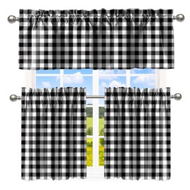 Deztibos Buffalo Check Tiers and Valances Set Black and White Farmhouse Kitchen Window Curtain Rod Pocket Window Treatment Decor Curtain