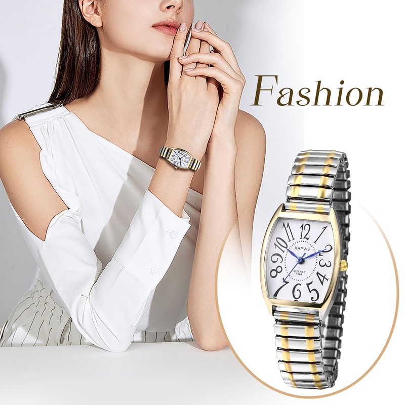 Oidea Elastic Strap Watch for Women: Gold Silver Rectangular Women's