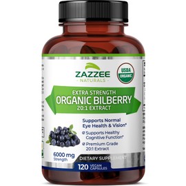 Zazzee USDA Organic Bilberry 20:1 Extract, 6000 mg Strength, 120 Vegan Capsules, 4 Month Supply, Standardized and Concentrated 20X Extract, 100% Vegetarian, All-Natural, Non-GMO, Made in The USA