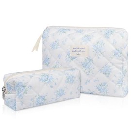 2PC Makeup Bag Set, Cute Cosmetic Bag for Women Girls, Floral Coquette Aesthetic Toiletry Bag, Travel Make Up Organizer Bag (Blue Rose)