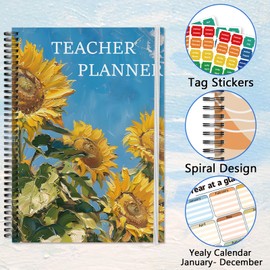 Teacher Planner Book for Yearly, Weekly & Monthly Lesson Planner, January-December Yearly Planner A4 Size with Checklist, Notes, School Supplies for Classroom Organization - Sunflower