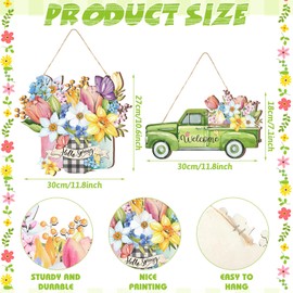 GlikCeil 2 Pcs Hello Spring Door Sign Decor, Spring Welcome Wooden Hanging Decorations, Truck and Bouquet for Front Door Farmhouse Rustic Home Decorations