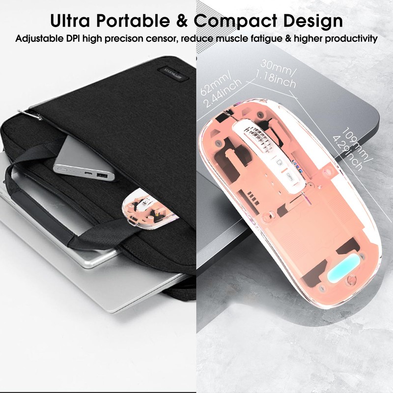 mouse inalámbrico transparente para computadora, mouse Bluetooth recargable, visualización de