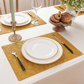 Romanstile Vinyl Placemats Set of 4-12 X 18 Inch - Heat Resistant Non-Slip Embossed Floral Place Mats 100% Waterproof Oilproof Wipeable Faux Leather Table Mats for Kitchen/Dining/Party, Gold