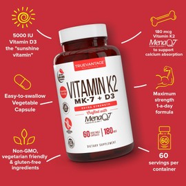 Truevantage Nutrition Vitamin K2 180 MCG with D3 5000 IU Supplement for Heart and Bone Health
