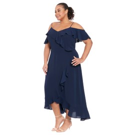 London Times Women's Plus Size Cold Shoulder Hi-Low Maxi Dress with Feminine Ruffle Occasion Guest of Mother of The Bride, Navy