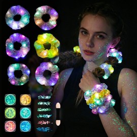 2-in-1 Glow Party Set: LED Scrunchies & Glow-in-Dark Body Glitter Gel, 6 Color Light Up Hair Scrunchies & Sparkling Face Makeup, Glow in the Dark Hair Scrunchies for Girls Festival Rave Party Supplies