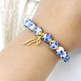 Naturepernulo Beads Bow Charm Bracelets for Women Qinghua Porcelain Beaded Stretch Bracelet (Bow)