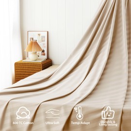 Cotton Flat Sheets Only, 600 TC 100% Cotton Flat Sheet Top Sheet Only, Queen Flat Sheet Only 1Pcs, Cool, Breathable, Wrinkle (Striped-Beige Queen 1pcs)