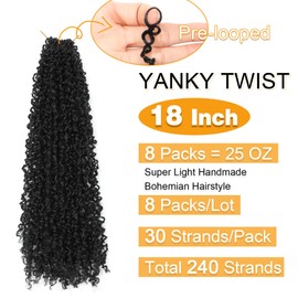 Aksice 18 Inch 8 Packs Yanky Twist Crochet Hair for Women Pre-looped Mini Twist Hair Bohemian Passion Twist Crochet Hair Boho Crochet Braids Synthetic (#1b)