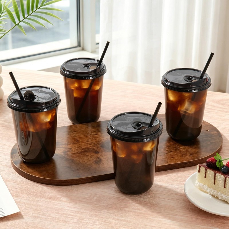 100 Set 16 oz Black Plastic Cups with Lids and