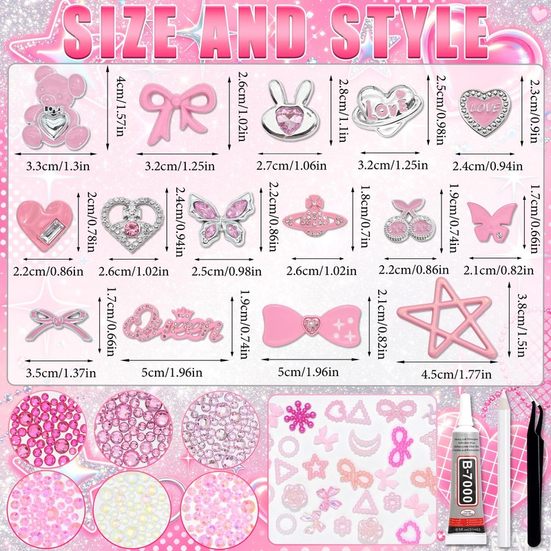 Sliver Pink Junk Case Charms with Bedazzled Kit Y2K Junk