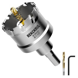 REKCKRUL Kit de sierra de carburo TCT de 38 mm para metal, juego de brocas de corte de agujeros resistentes con 2 brocas de titanio/paso piloto y llave en L, corta acero inoxidable, hierro, aluminio