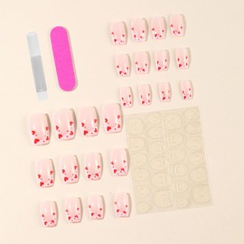 Valentine French Fake Nails,Pink Heart False Nails,24pcs Glossy Pink Stick on Nails with Glue,Medium Long-Acrylic Nails,Square Stick on Nails for Valentine's day Manicure Home DIY