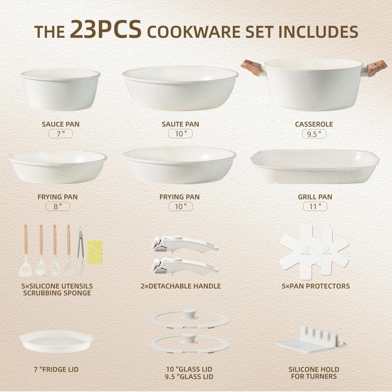 BECIGAR 23PCS Ceramic Pots and Pans Set,Nonstick, Removable Handle Pots