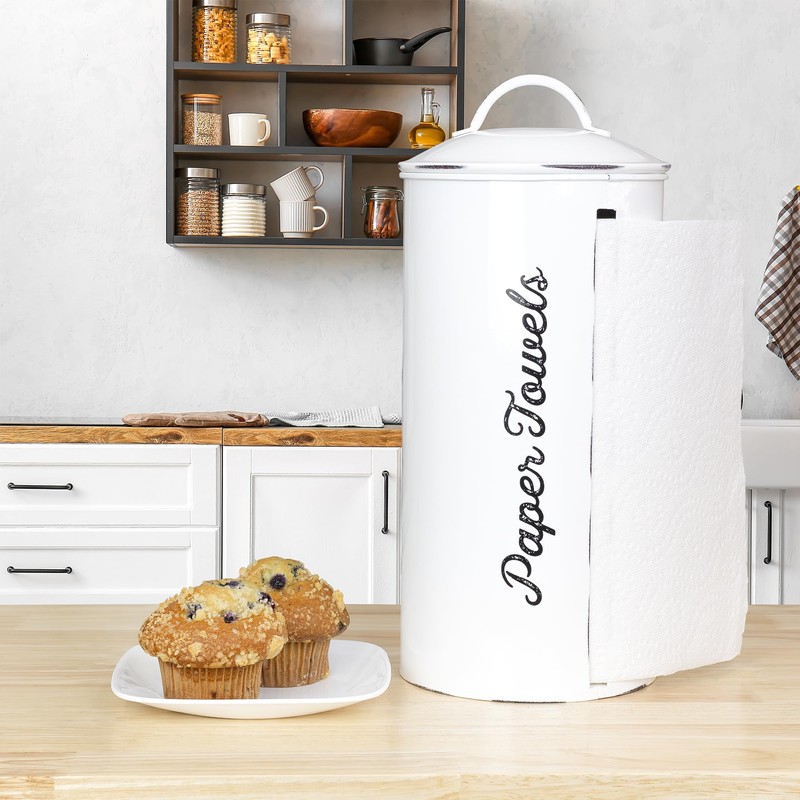 AuldHome Design Farmhouse Paper Towel Holder (White); Rustic Enamelware Countertop