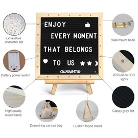 Black Felt Letter Board with Lights, Built-in LED Lights -Message Board Adjustable Stand, 340 Letters,- for Menus, Pregnancy Announcement, Weddings, Party Planning(10 * 10) (blackＢ)