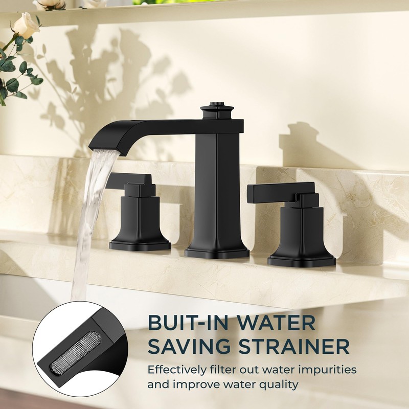FORIOUS 3 Hole Bathroom Vanity Sink Faucet,Matte Black Waterfall Widespread