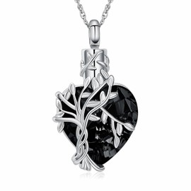 QGJNSGC Heart Tree of Life Urn Necklace for Ashes Cremation Jewellery with Crystal w/ Funnel Filler Memorial Jewellery Gifts for Women Girls, Stainless Steel
