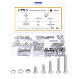 DTGN 128Pcs 1/4-20x1/2" to 1-1/2" Button Head Socket Cap Screws - 304 Stainless Steel Bolt Nut Set Washer Assortment Kit - Good for Road Bicycle, Mountain Bike, Auto