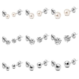 9 Pairs Studs Set: 4mm 5mm 6mm Gold and Silver Pearl Cubic Zirconia Ball Studs Multiple Earrings Pack for Women (Silver)