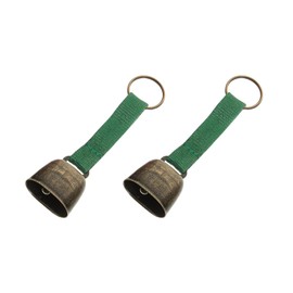 WUMUZAI 2 Pack Small Cow Bell for Dog Collar, Loud Bear Bells with Fabric Strap & Key Ring, Cow Horse Sheep Grazing Copper Bells, Pet Brass Bells Tracker Noise Maker, Bronze Bell for Crafts (Green)