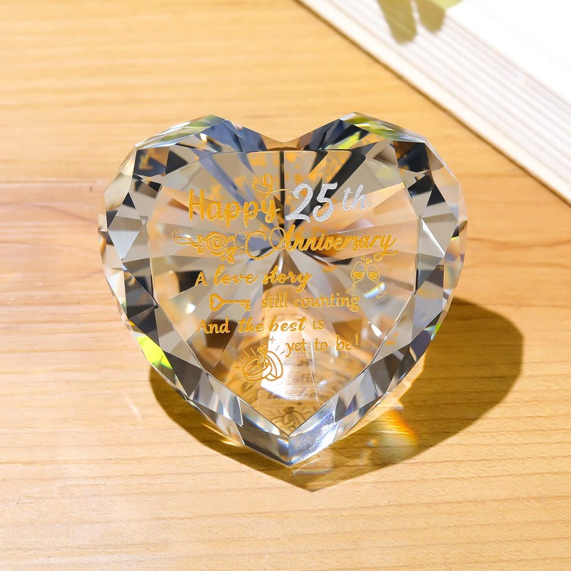 25th Silver Wedding Anniversary Romantic Gifts for Couple, Heart Crystal
