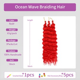 18 Inch Ocean Wave Braiding Hair 3 Packs Deep Wave Braiding Hair Curly Crochet Synthetic Braids Hair Extension for Women (Red #, 18 Inch 3 Packs)