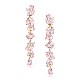 EVER FAITH Wedding Rhinestone Crystal Chandelier Dangle Earrings for Women Brides, Art Deco Marquise Teardrop Bridal Long Drop Ear Accessory for Prom Pink Gold-Tone