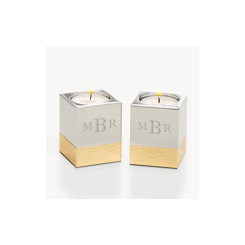 Personalization Universe Monogram Engraved Silver & Gold Hammered Metal Candle