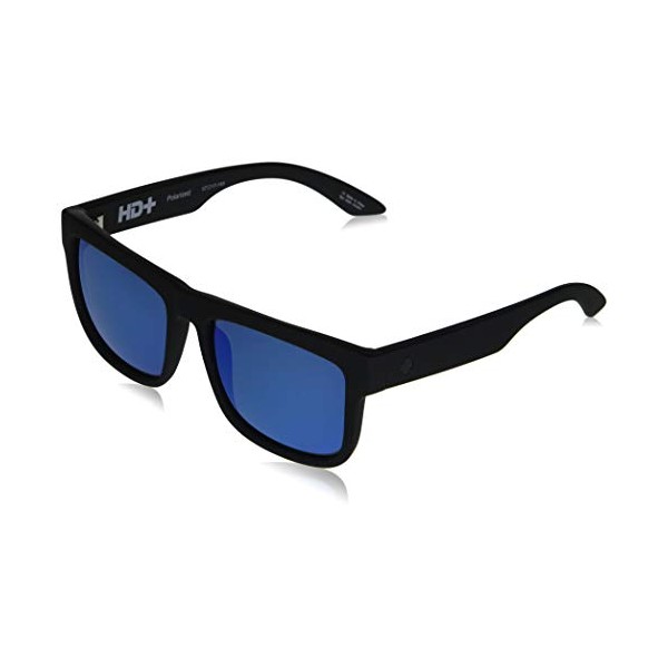 SPY Optic Discord, Square Sunglasses, Color and Contrast Enhancing Lenses, Soft Matte Black - HD Plus Dark Gray Green with Dark Blue Spectra Mirror Polarize Lenses
