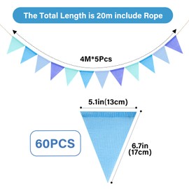 jijAcraft Pre-strung Blue Burlap Bunting: 60PCS Hessian Bunting 20M Garden Outdoor Banner Burlap Triangle Flags Jute Banner for Wedding, Birthday, Baby Shower, Wedding, Room, Garden Decorations