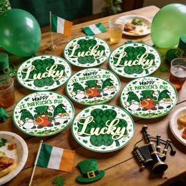 St. Patrick's Day Party 9 Inch Plates Green Shamrocks Gnomes Dinnerware Lucky Disposable Paper Dessert Plates for St Patrick's Day Party Decorations Supplies 24Pcs