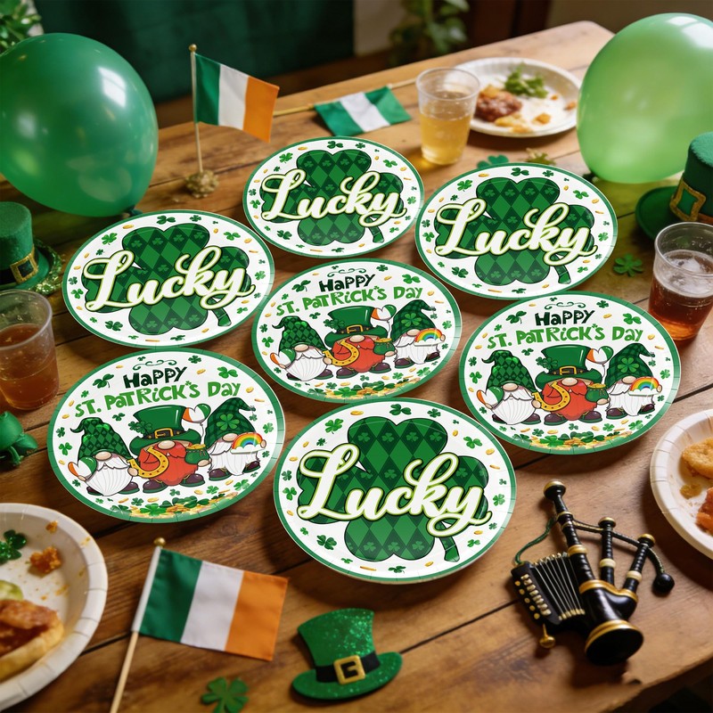St. Patrick's Day Party 9 Inch Plates Green Shamrocks Gnomes