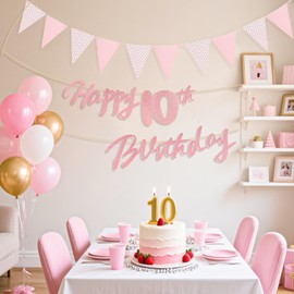 Zi Lan 9th Birthday Party Decorations Glitter Rose Gold Birthday Banner and Triangle Flag Banner for Girls Baby Showers Decorations Supplies