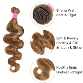 3 Bundles With 4x4 HD Closure Body Wave Human Hair Highlight Ombre Brown 12A Soft and Glossy Piano Color Highlight Hair Sew In Bundles with Closure Free Part with Baby Hair For Black Women 18 20 22+16