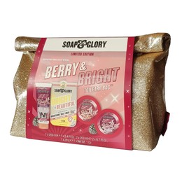 Soap & Glory Berry & Bright Toiletry Bag - Gift Set for Christmas 2023 - Berry & Bright Body Wash, Body Butter, Bright & Beautiful Radiance Sheet Mask and Glittery Toiletry Bag