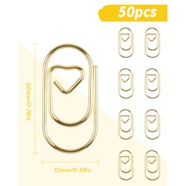 Caianwin Pack of 50 Paper Clips, Gold Paper Clips, Heart Motif, Small Metal Clips for Decorative Postcards, Office, Classroom