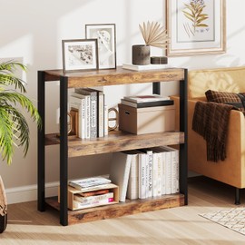 LOKO 3-Tier Open Bookshelf Set of 2, Freestanding Wooden Bookcase with Storage Shelves, 2 Anti-toppling Devices, Modern Display Storage Rack for Living Room, Bedroom, Study (2,Rustic Brown & Black)