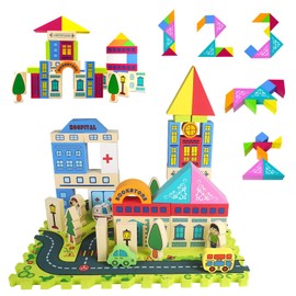 Pleykele City Street View Foam Building Blocks Set for 2-4 Years Old, Town Construction Soft Stacking Blocks w/Alphabet Letters Puzzle Playmat, Educational Learning Gifts for Kids 18+ Months