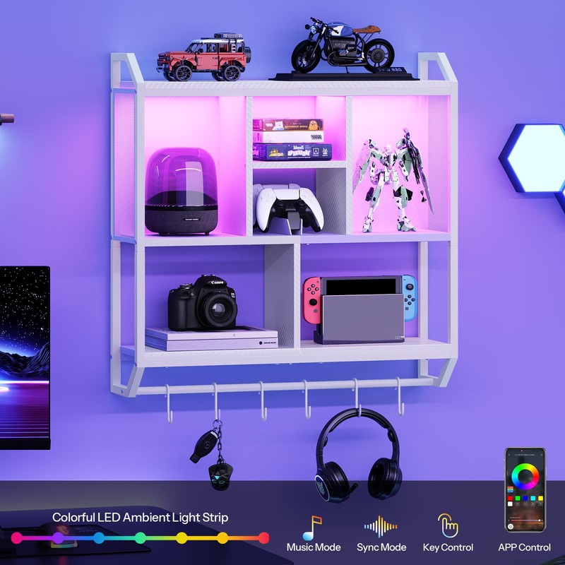HOOBRO Gaming Floating Shelves with LED Lights, 28.7" LED Wall