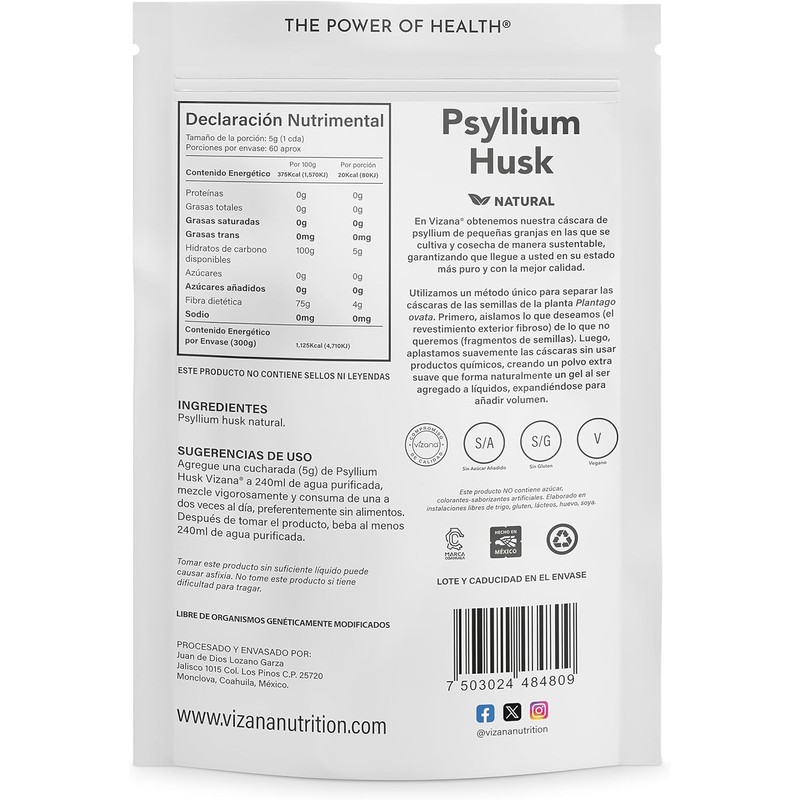 VIZANA NUTRITION Psyllium Husk Natural 300g Sin Azucar, Cáscara de
