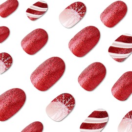 24Pcs Glitter Christmas Press on Nails Short Oval Fake Nails with Snowflake Design French Tip Red and White Stripes False Nails Full Cover Stick on Nails Winter Xmas Nails Glue on Nails for Women