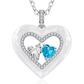 LOUISA SECRET Shell Double Heart Birthstone Necklaces for Women, 925 Sterling Silver Fine Jewelry, Pendant Heart Necklaces Birthday Anniversary Christmas Gift for Women Wife Mom Girlfriend Lady