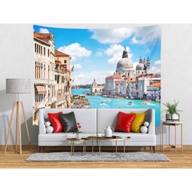 BELECO Italy Tapestry Wall Hanging 60x50 Inch Gondola on Grand Canal Venice Town Tapestry Italian Party Decorations Italy Watery City Scenery Tapestry Wall Decor for Bedroom Living Room Dorm